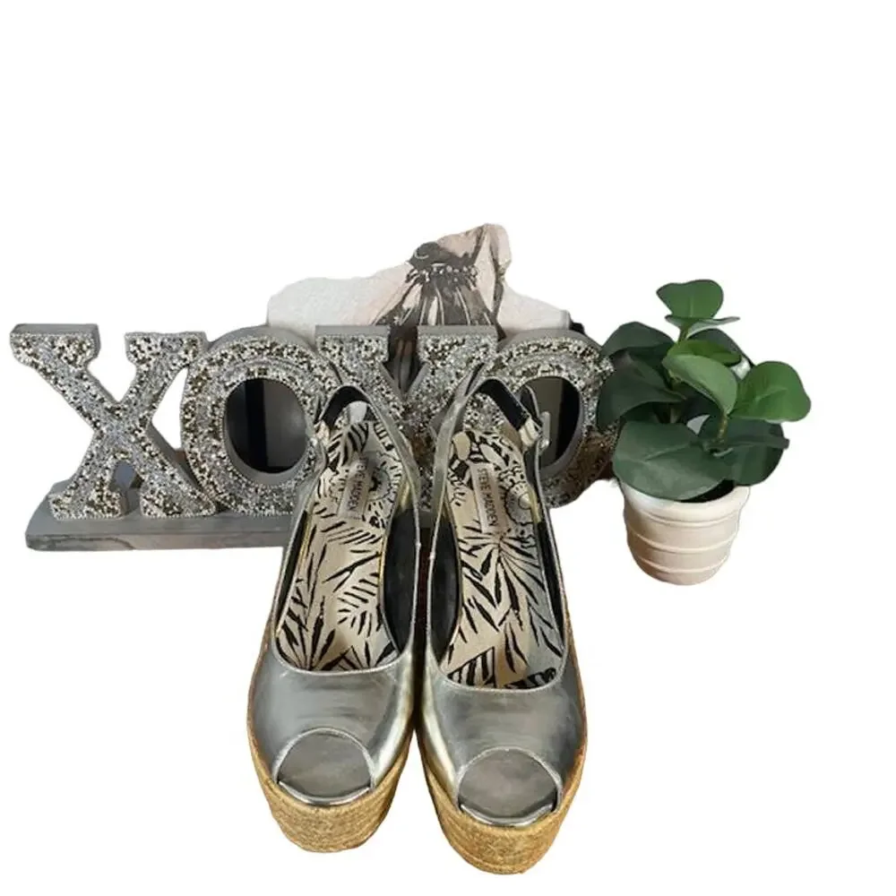 Steve Madden Women Metallic Silver Open Toe Ankle Espadrille Wedge Sandals Sz 10